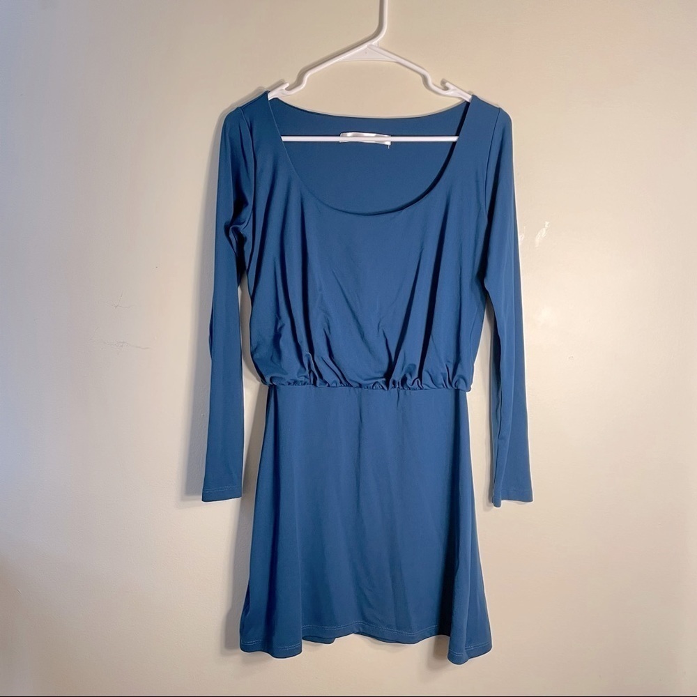 Susana Monaco Dark Turquoise Formal Long Sleeved Scoop Neck Ruched Dress